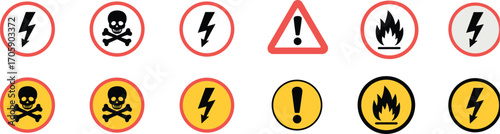 Safety icons, hazard symbols, warning signs, electrical danger, toxic alert, flammable material, caution triangle, workplace safety, industrial signage, red and yellow, circular icons, alert graphics