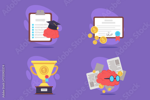 Symbols of education and success, featuring diploma, trophy, monetary rewards, and checklist. Journey of learning and accomplishment concept