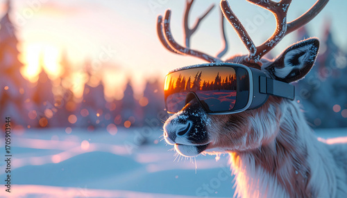 Reindeer in VR: A surreal composition places a reindeer in a winter wonderland, sporting virtual reality glasses. This artistic image blends nature with the futuristic theme