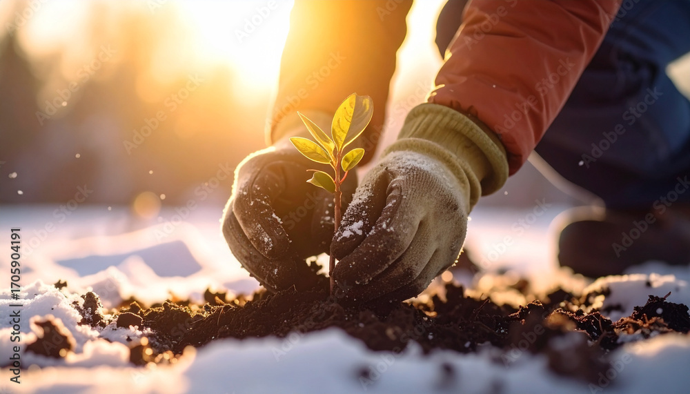 Obraz premium New Beginning in Winter: A close-up captures the careful hands planting a delicate seedling into the snowy soil, bathed in the warm glow of sunlight, symbolizing growth and renewal.