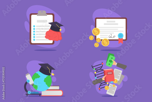 Set of various educational themes, including graduation caps, certificates, financial symbols, and books. Learning and academic success concept