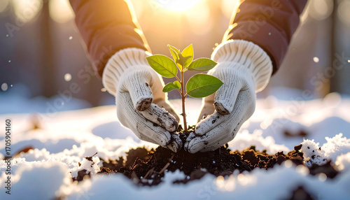 Nurturing Hope: A gardener's caring hands carefully plant a seedling in the winter snow, symbolizing renewal and resilience.