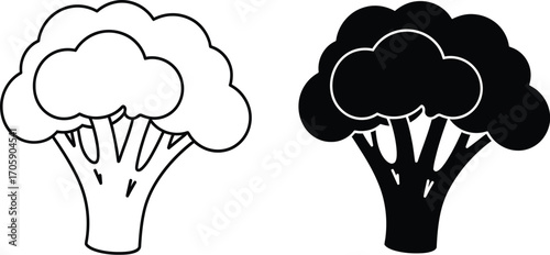 Simple and clear illustrations of broccoli, one outlined and one solid black
