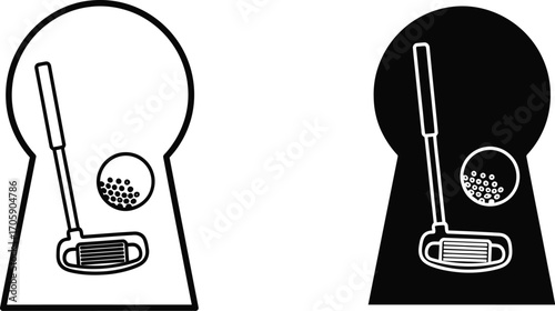 A golf club and ball viewed through a keyhole, symbolizing opportunity or access to the game.