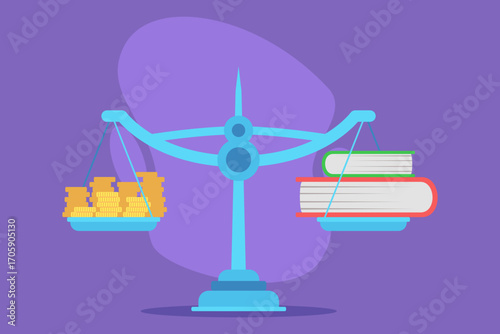 Scales weighing stacks of coins against books. Concept of contrast between financial success and value of education in modern context