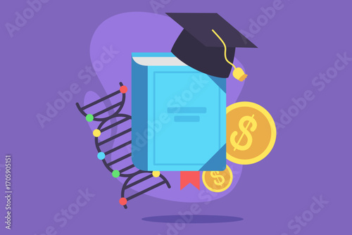 Illustration of book with graduation cap on top, surrounded by DNA strands and coins. Intersection of education and finance in science concept