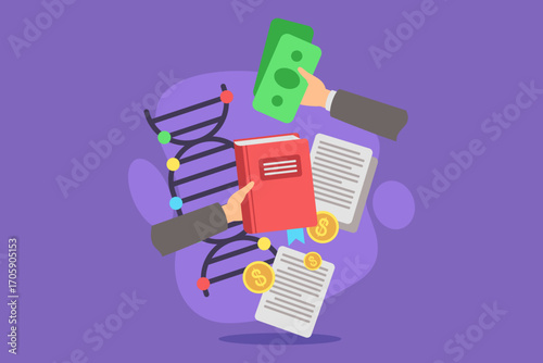 Two hands exchanging money for book and documents with DNA strand on background. Concept of funding of scientific research, particularly in genetics