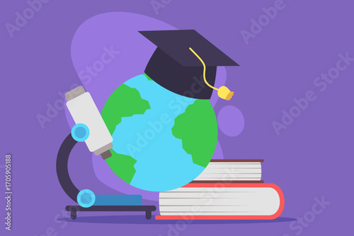 Globe wearing graduation cap on top of stacked books beside microscope. Education and science concept