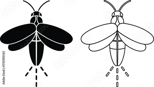 Stylized illustration of a firefly, one solid black silhouette and one outline, emitting glowing dots.