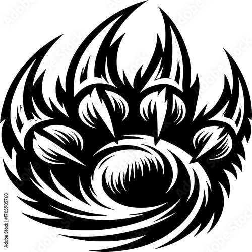 Bear Claw Silhouette: A detailed illustration of a bear claw with sharp talons is presented, a symbol of strength and nature's raw power.