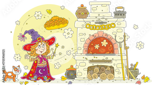 Happy little witch with her cat baking a traditional sweet pie in an old wood stove for a festive table, vector cartoon illustration on a white background