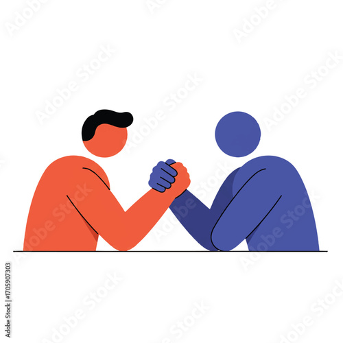 Vintage-style illustration of two people arm wrestling on a flat surface with a simple white background.