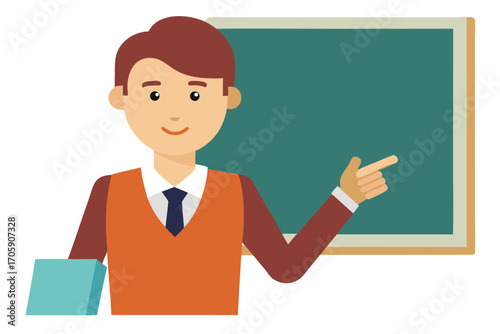 Young brunette educator points at a green chalkboard, cheerfully engaging viewers in learning