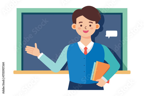 Young man in vest stands near a chalkboard while gesturing with his hand