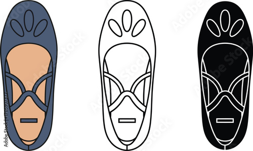 Three stylized tribal masks in different colors and outlines, representing cultural art.