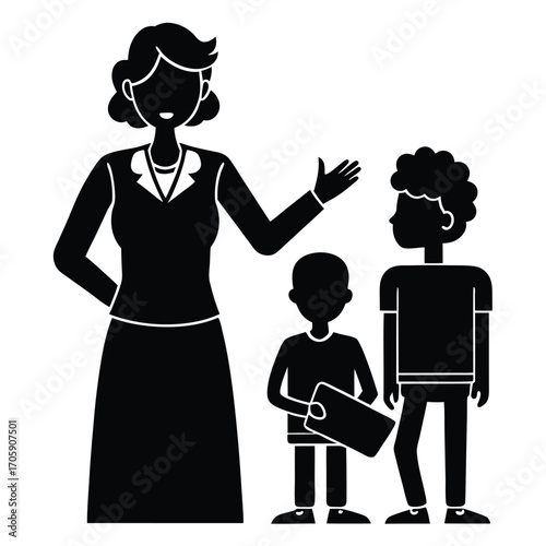 Smiling woman introduces two diverse boys, a study in simplicity with solid shapes