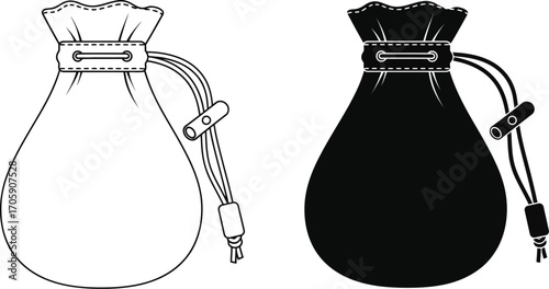Simple drawstring pouch in outline and solid black silhouettes