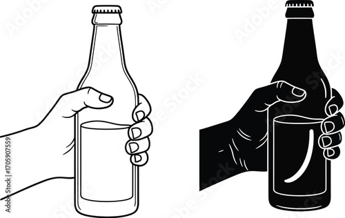 Hand holding a bottle and glass, presented in line art and silhouette styles