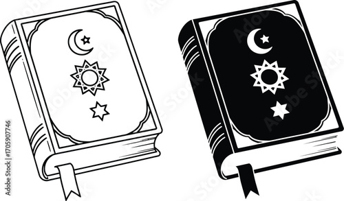 Islamic holy book, the Quran, depicted in outline and silhouette for religious study or cultural representation.