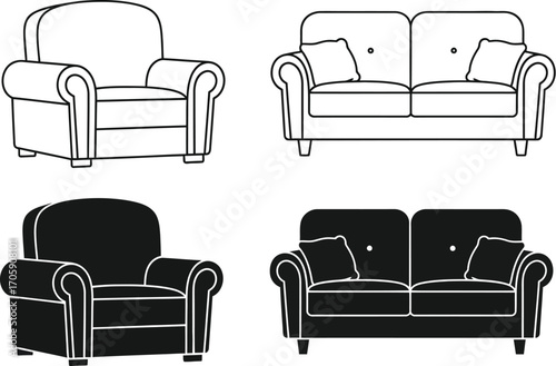 Classic armchair and sofa designs in outline and silhouette for interior decoration