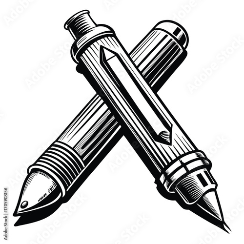 Two vintage fountain pens are crossed, showcasing their textured design in monochrome style