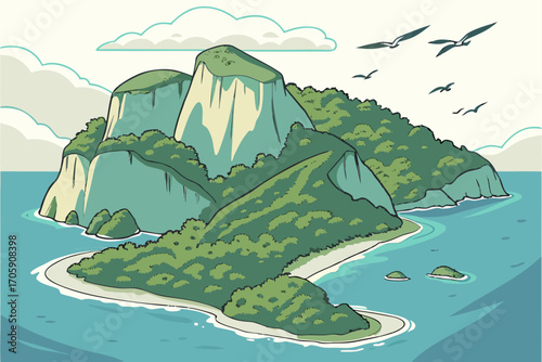 Tropical island archipelago with cliffs and green forest flat vector art