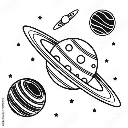Outlined planets and stars are scattered across a white background creating a celestial scene