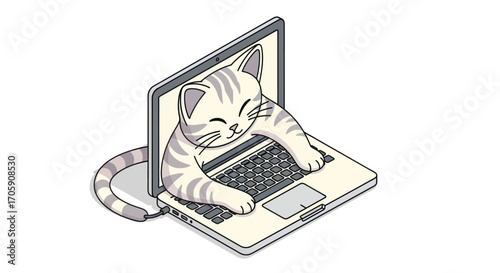 Cartoon Cat Emerging from Laptop Screen Digital Illustration.