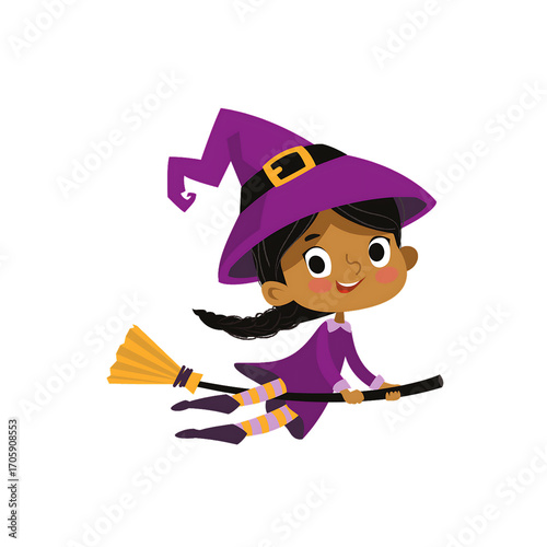 Young girl dressed as a witch flying on a broomstick against a simple background