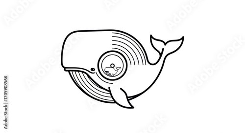 Stylized Whale with Vinyl Record Design and Music Note Detail.