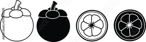 Stylized illustrations of whole and sliced mangosteens in outline and silhouette