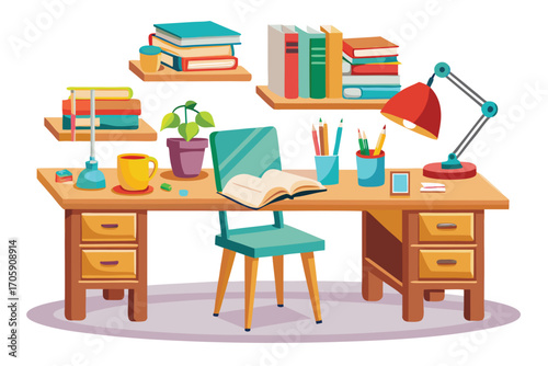 Cartoon wooden desk displays books, lamp, potted plant, cup, and opened book