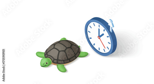 Cartoon Turtle and Clock Representing Time and Speed.
