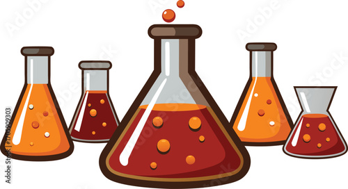 Glass chemistry lab equipment including flasks and test tubes with red liquid for research and medical analysis