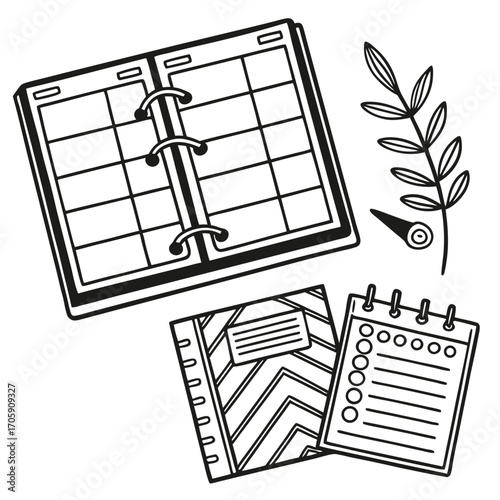 Three outlined notebooks accompany a ring binder and decorative foliage in a clean design