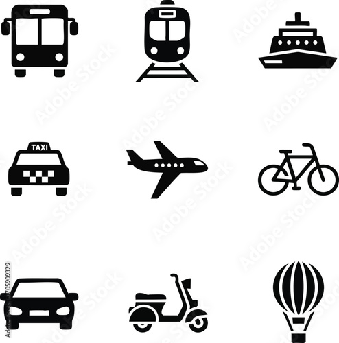 A collection of black silhouette icons for different modes of transport, including bus, train, airplane, car, taxi, and ship