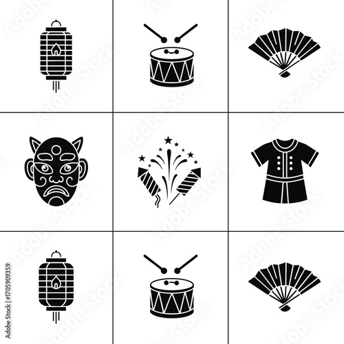 A collection of black silhouette icons representing diverse Asian culture and festive traditions