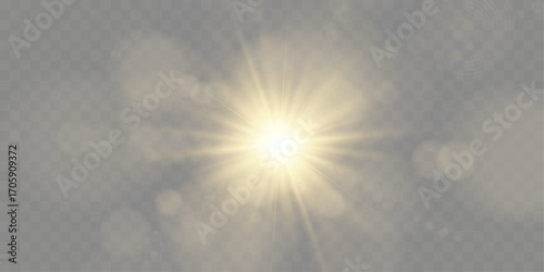 Glowing sunburst light effect. Soft golden flare with radial blur. Bright sunlight halo on white background.	