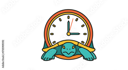 Cartoon Turtle with Clock Face on its Shell Symbolizing Slow Time.
