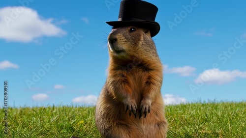 Groundhog with Top Hat Standing on Grassy Hill