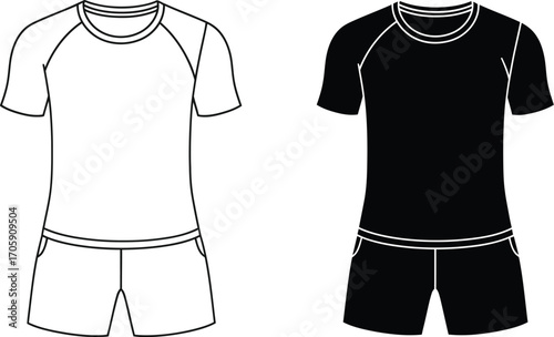 Clean graphic illustration of a white and black sports uniform set, t-shirt and shorts.
