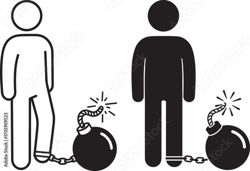 Two figures shackled to a bomb silhouette
