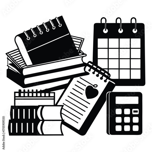 Books, calendar, calculator, and heart notebook display mathematical work and planning in solid black