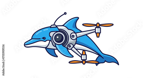 A cute cartoon robotic dolphin drone with a camera eye propellers and an antenna.