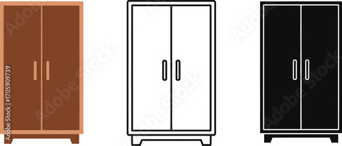 Three wardrobe icons in different styles, representing storage and organization.