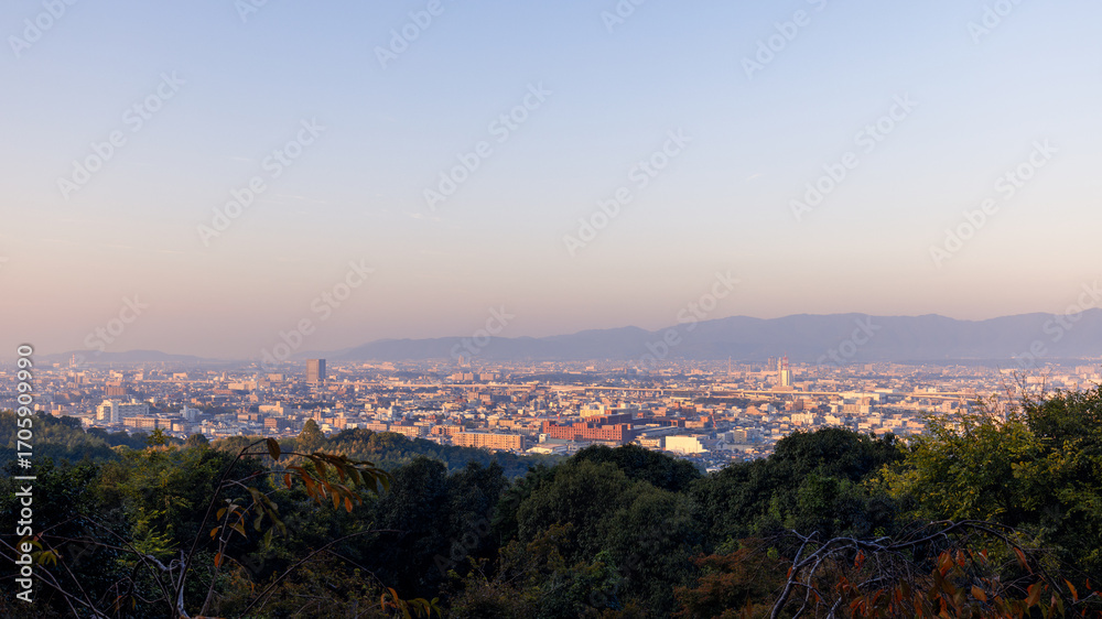 Fototapeta premium Cityscape of Kyoto seen from Yotsutsuji Intersection trail on Mount Inari, with foreground trees, layered urban skyline and distant mountains at sunrise