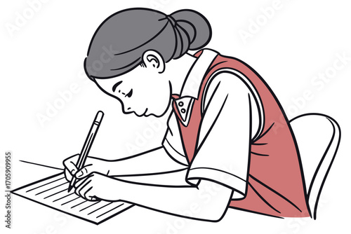 Young Asian girl wearing a vest writes something down with a pencil meticulously