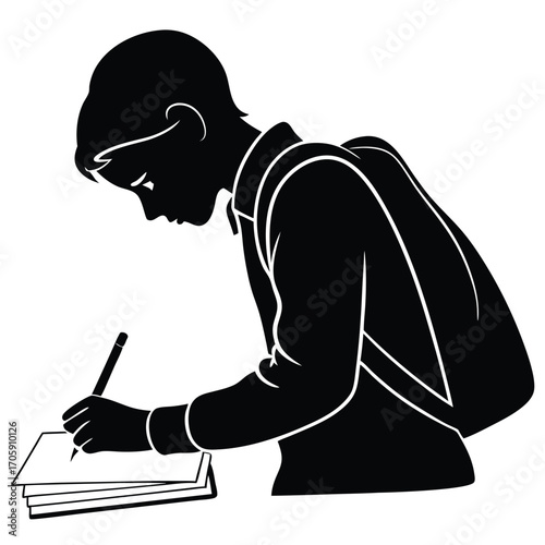 Young student wearing a backpack is diligently writing on paper with a pen