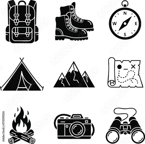 A curated set of minimalist black and white vector icons representing core elements of outdoor adventure, camping, and hiking