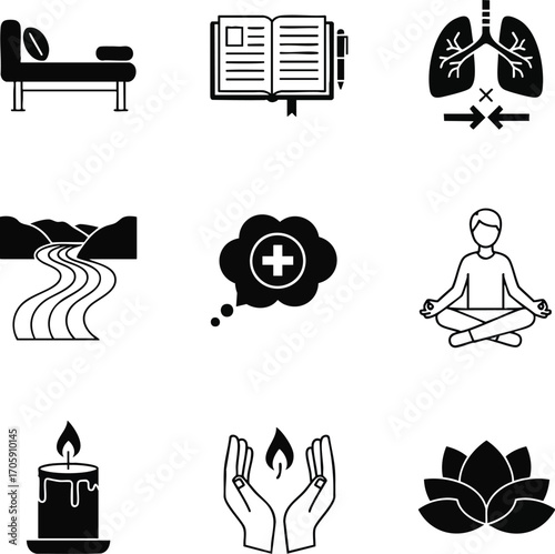 A diverse set of black and white vector icons illustrating health, wellness, and mindful living concepts for modern digital design